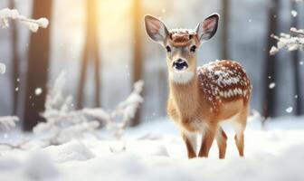 uma veado é em pé dentro a neve . ai gerado foto