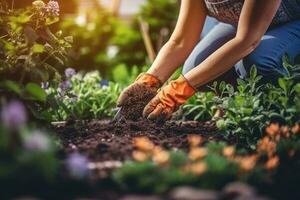 fotografia do uma mulher dentro jardim luvas plantio flores para crescer flores dentro dela jardim. generativo ai foto