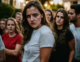 foto grupo do raiva Bravo Adolescência Faculdade menina brigando a de outros com ferida em face, generativo ai