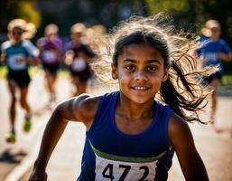 foto do menina crianças corrida raça esporte às escola, generativo ai