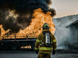 foto do bombeiro com grande fogo nuvem e fumaça dentro fundo, generativo ai