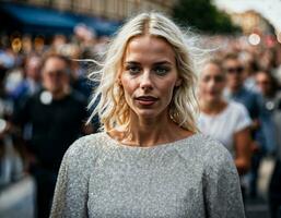 foto do lindo mulher às parada rua dentro Europa país, generativo ai