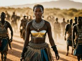 foto do africano mulher tribal guerreiros com armaduras, generativo ai