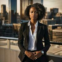 foto do inteligente africano mulher com Preto o negócio terno às grande moderno cidade, generativo ai