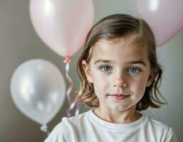 foto sessão de fotos do criança com balões em branco fundo, generativo ai