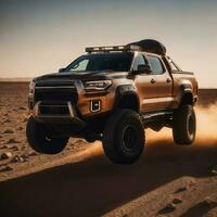 foto do caminhão dentro quente areia deserto, generativo ai