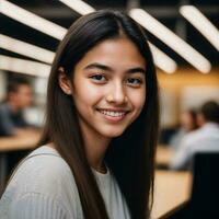 retrato fechar acima do feliz jovem Adolescência às a trabalhando escritório espaço, generativo ai foto