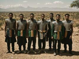 foto do africano homem tribal guerreiros com armaduras, generativo ai