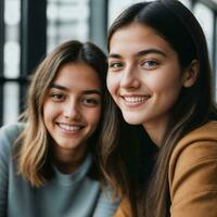 casal do feliz jovem Adolescência às a trabalhando escritório espaço, generativo ai foto