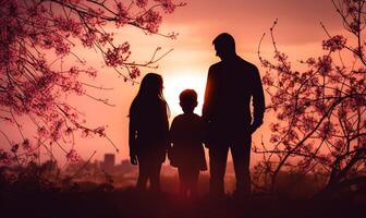 feliz família, pai, mãe, filho e filha dentro natureza, pôr do sol. família silhueta às pôr do sol em pé em topo do colina. generativo ai foto