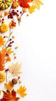 outono composição. Rowan bagas, seco folhas, abóboras, e flores em branco fundo. outono, cair, dia das Bruxas, Ação de graças dia conceito. Visão a partir de a principal, com texto espaço. generativo ai foto