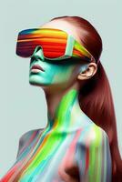 ilustração do uma moda retrato vestindo uma virtual realidade vr fone de ouvido.,, ai gerado. foto