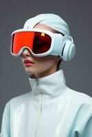 ilustração do uma moda retrato vestindo uma virtual realidade vr fone de ouvido.,, ai gerado. foto