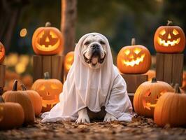 cachorro vestindo uma fantasma traje sentado entre abóboras para dia das Bruxas dentro outono fundo. generativo ai foto