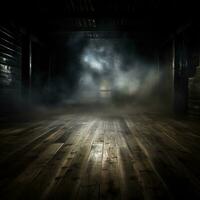 desfocado fundo do névoa dentro escuridão, fumaça, e névoa em uma de madeira chão. abstrato e temperamental dia das Bruxas pano de fundo. generativo ai foto