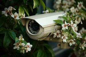 segurança Câmera dentro frente do casa com flores dentro a primeiro plano. foto