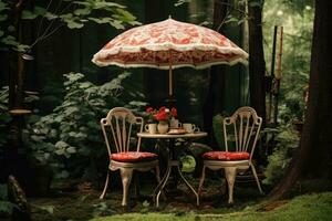 cafeteria mesa com cadeira e sombrinha guarda-chuva dentro a jardim foto