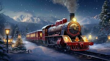 uma Nevado cena com uma trem para uma festivo Natal ilustração. foto