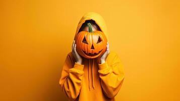 retrato do uma mulher com abóbora cabeça. engraçado jovem menina em pé isolado em uma amarelo fundo, segurando uma esculpido laranja abóbora e se escondendo dela face atrás isto. dia das Bruxas conceito. generativo ai foto