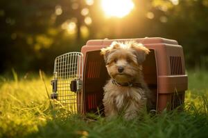 cachorro sentado dentro transportadora em grama. foto