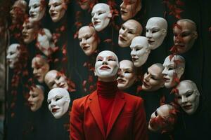pessoas dentro branco máscaras, anônimo equipe generativo ai foto