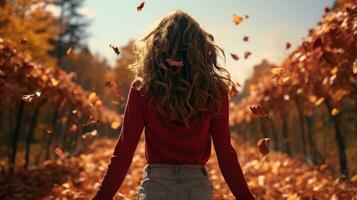 menina alegria em uma caloroso outono dia dentro dourado folhagem generativo ai foto