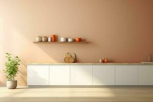 minimalista interior com moderno cozinha mobiliário. foto