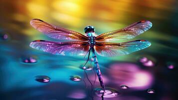 uma libélula pairando sobre uma magnífico lago foto