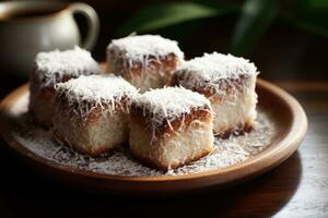 Lamingtons, esponja bolo com chocolate e coco. generativo ai foto