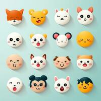 conjunto do animal rostos, face emojis, adesivos, emoticons, desenhos animados engraçado mascote personagens face definir, generativo ai ilustração foto