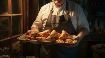 padeiro segurando uma bandeja cheio do fresco croissants. foto