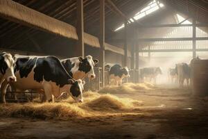 vacas pastar dentro uma celeiro foto