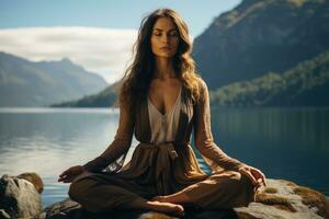 meditando dentro ioga pose em a praia, oceano e Rocha montanhas. generativo ai foto