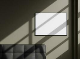 em branco Preto horizontal cenário quadro, Armação brincar em Castanho muro. Castanho vivo quarto Projeto. Visão do moderno interior com obra de arte zombar acima em muro. casa encenação e minimalismo conceito foto