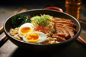 japonês tonkotsu ramen tigela em jantar mesa às restaurante foto