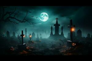 dia das Bruxas noite lua composição com brilhando abóboras vintage castelo e morcegos vôo sobre cemitério foto