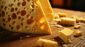 fechar-se do delicioso suíço queijo cunha uma gourmet deleite com buracos e textura ai generativo foto