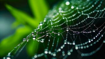 aranha rede e orvalho gotas dentro verde uma pacífico e natural fundo para molhado solta textura projeto ai generativo foto