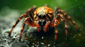 macro foto do uma aranha e Está rede com orvalho padrões ai generativo