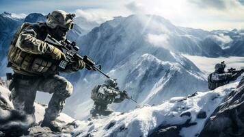 açao tiro do armado infantaria dentro uma gelado montanha guerra cenário ai gerado foto