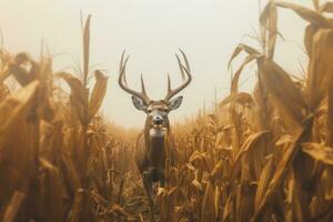 veado em pé dentro milho campo dentro horário de verão natureza. foto