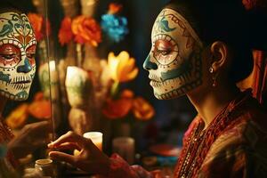 uma menina coloca em dela face Maquiagem dentro a Formato do uma crânio em a mexicano tradicional folk feriado dia do a morto foto