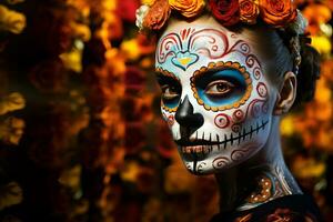 uma menina coloca em dela face Maquiagem dentro a Formato do uma crânio em a mexicano tradicional folk feriado dia do a morto foto