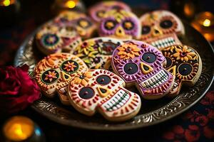 caseiro grotesco crânio e esqueleto açúcar bolacha durante uma mexicano folk celebração do a dia do a morto. foto