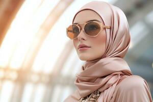lindo jovem muçulmano mulher dentro uma tradicional lenço de cabeça e oculos escuros. foto