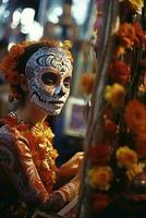 uma menina coloca em dela face Maquiagem dentro a Formato do uma crânio em a mexicano tradicional folk feriado dia do a morto foto