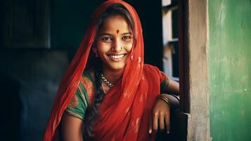 lindo jovem indiano mulher dentro nacional roupas, sorridente. foto
