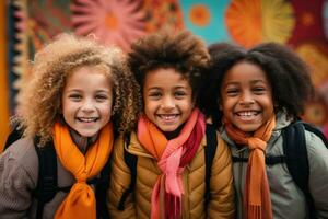 uma grupo do animado alunos ficar de pé dentro frente do uma colorida quadro-negro pronto para uma Novo escola ano foto