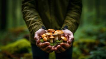 uma fechar-se do uma mão segurando uma recentemente forrageado cogumelo dentro uma exuberante floresta fundo com esvaziar espaço para texto foto