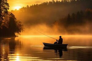 uma solitário pescador elencos dele linha para dentro a sereno águas aquecendo dentro a caloroso matizes do uma dourado outono pôr do sol foto